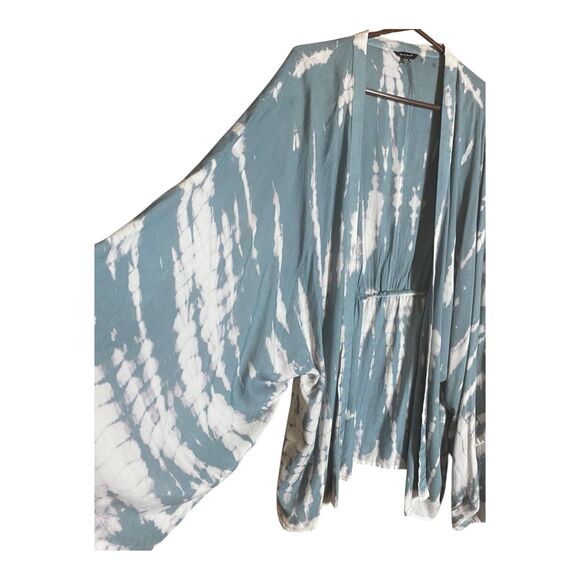 Sim & Sam Blue White Tie Dye Kimono Cardigan L/XL Open Front Boho Beach Cover - Picture 3 of 6